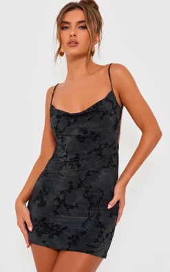 Grey Floral Printed Devore Cowl Neck Shift Dress