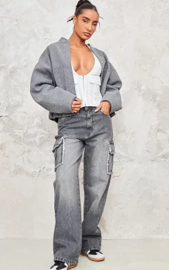 Grey Frayed Seam Cargo Pocket Boyfriend Jeans