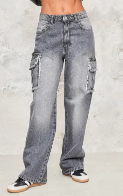 Grey Frayed Seam Cargo Pocket Boyfriend Jeans