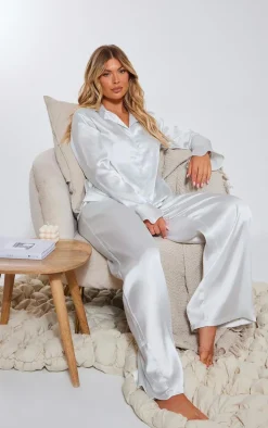 Grey Frill Cuff Satin Long PJ Set