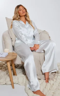Grey Frill Cuff Satin Long PJ Set