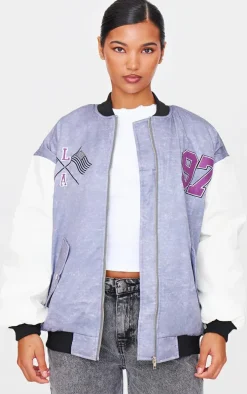 Grey Graphic Detail Oversized Padded Bomber Jacket