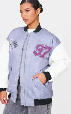 Grey Graphic Detail Oversized Padded Bomber Jacket