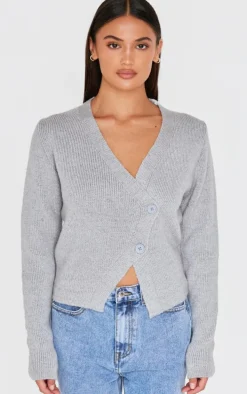 Grey Knit Asymmetric Button Cardigan