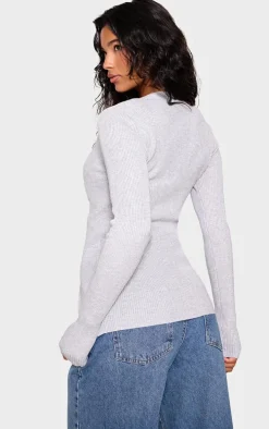 Grey Knitted Ribbed Long Sleeve Cardigan