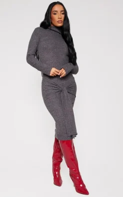 Grey Long Sleeve High Neck Knot Front Midaxi Dress