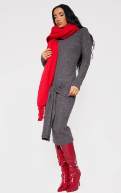 Grey Long Sleeve High Neck Knot Front Midaxi Dress