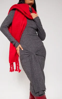 Grey Long Sleeve High Neck Knot Front Midaxi Dress