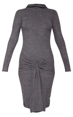 Grey Long Sleeve High Neck Knot Front Midaxi Dress