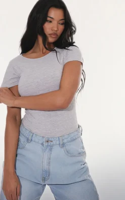 Grey Marl Basic Cotton Blend Fitted Short Sleeve Bodysuit