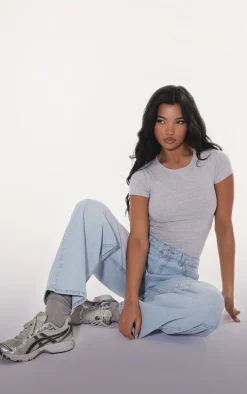 Grey Marl Basic Cotton Blend Fitted Short Sleeve Bodysuit