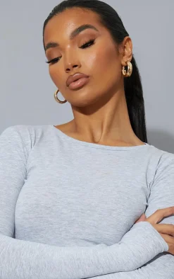 Grey Marl Basic Cotton Blend Long Sleeve Fitted T Shirt