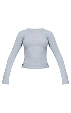 Grey Marl Basic Cotton Blend Long Sleeve Fitted T Shirt