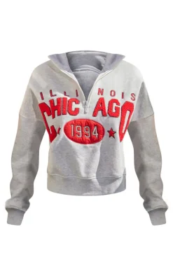 Grey Marl Borg Embroidered Chicago High Neck Quarter Zip Sweatshirt