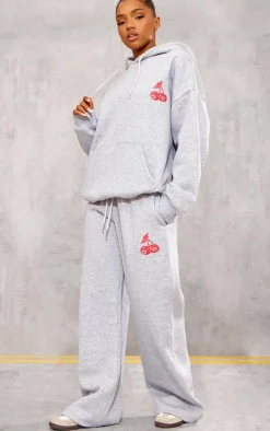 Grey Marl Cherry Print Oversized Wide Leg Sweatpants