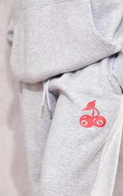 Grey Marl Cherry Print Oversized Wide Leg Sweatpants