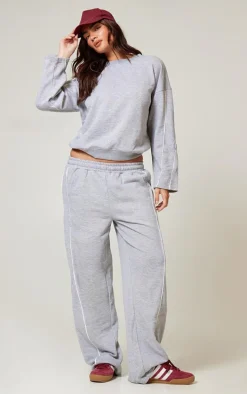 Grey Marl Contrast Piping Detail Wide Leg Sweatpants
