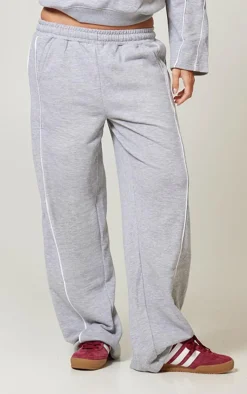 Grey Marl Contrast Piping Detail Wide Leg Sweatpants