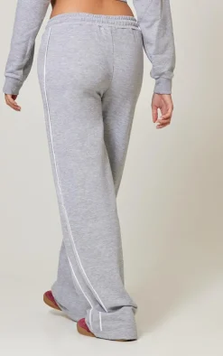 Grey Marl Contrast Piping Detail Wide Leg Sweatpants