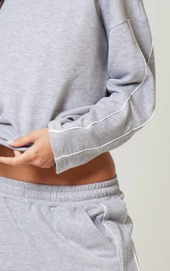 Grey Marl Contrast Piping Detail Wide Leg Sweatpants
