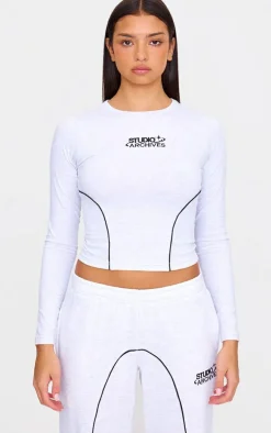 Grey Marl Contrast Studio Archives Long Sleeve Fitted T-shirt