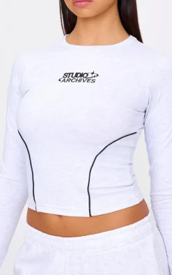 Grey Marl Contrast Studio Archives Long Sleeve Fitted T-shirt