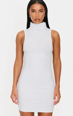 Grey Marl Cotton High Roll Neck Mini Dress