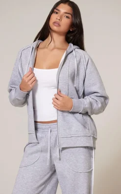 Grey Marl Exposed Seam Detail Zip Up Hoodie