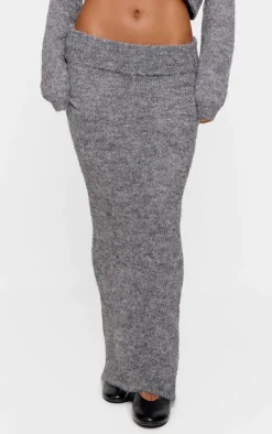 Grey Marl Knit Foldover Maxi Skirt
