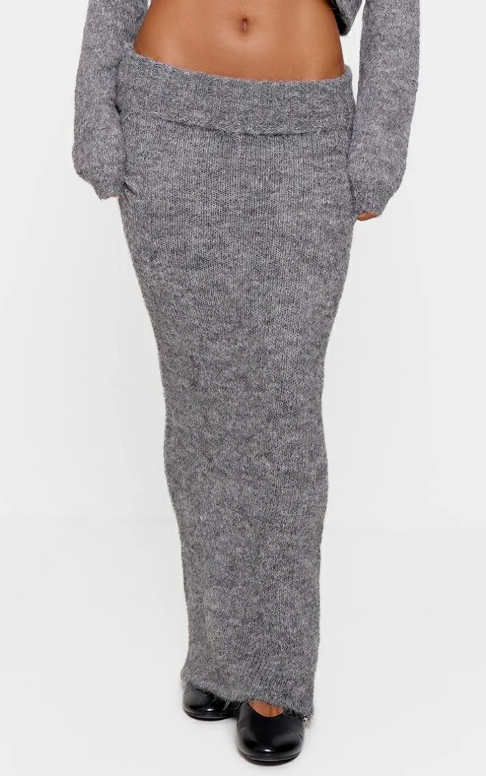 Grey Marl Knit Foldover Maxi Skirt
