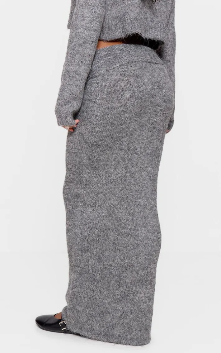 Grey Marl Knit Foldover Maxi Skirt