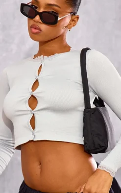 Grey Marl Lace Trim Snatched Rib Button Up Long Sleeve Top