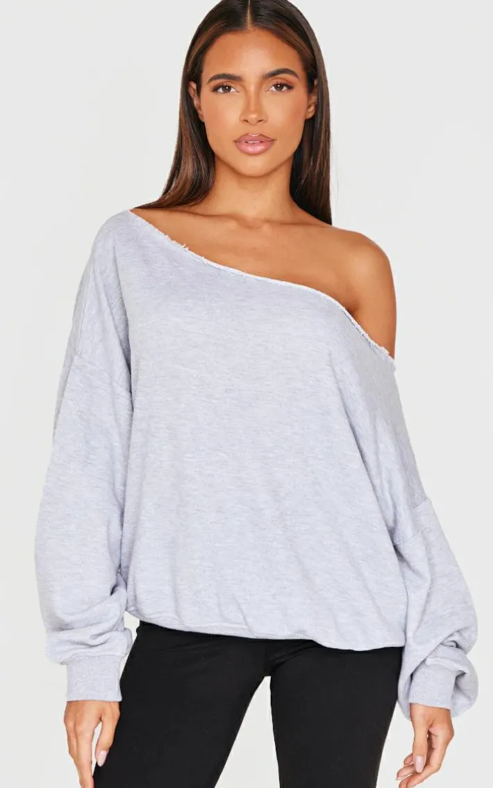 Grey Marl Oversized Off Shoulder Sweatshirt