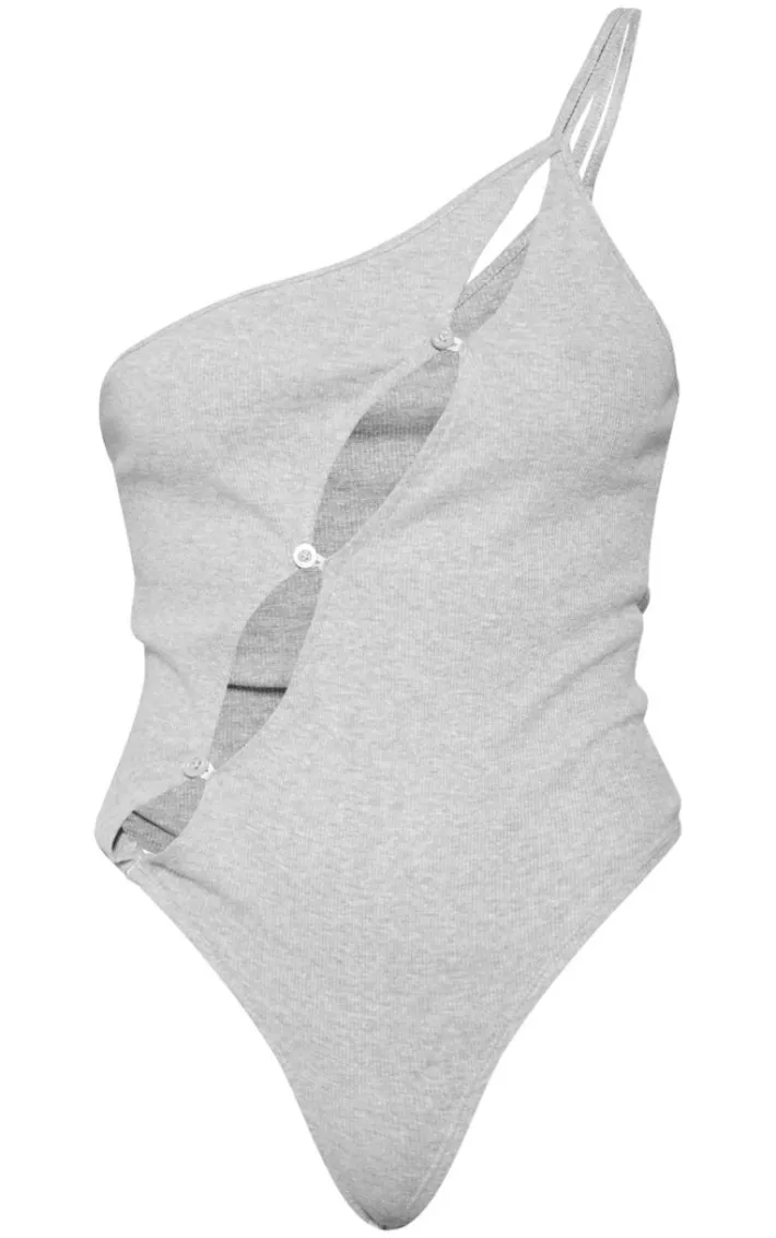 Grey Marl Rib Button Cut Out One Shoulder Bodysuit