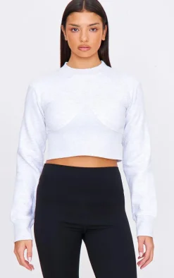 Grey Marl Rib Cinched Waist Detail Cropped Sweatshirt