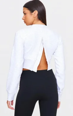 Grey Marl Rib Cinched Waist Detail Cropped Sweatshirt