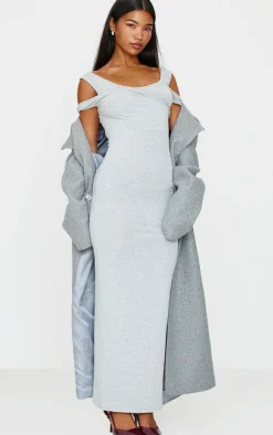 Grey Marl Ribbed Twisted Maxi Dress