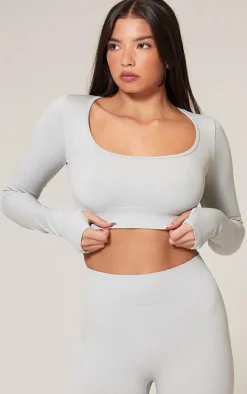 Grey Marl Seamless Basic Square Neck Long Sleeve Gym Top