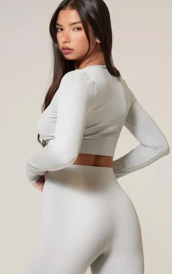 Grey Marl Seamless Basic Square Neck Long Sleeve Gym Top