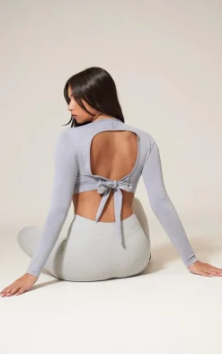 Grey Marl Seamless Melange Open Tie Back Top