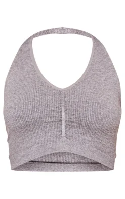 Grey Marl Seamless Rib Ruched Halterneck Bra