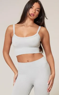 Grey Marl Seamless Rubber Badge Detail Crop Top