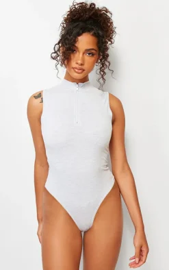 Grey Marl Snatched Sculpt Half Zip Sleevless Bodysuit