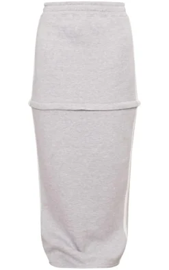 Grey Marl Sweat Zip Off Side Stripe Maxi Skirt