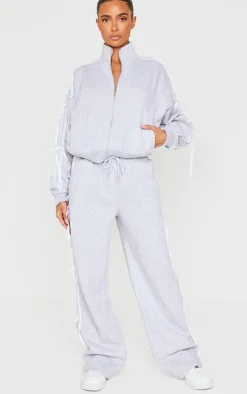 Grey Marl Velvet Bow Wide Leg Sweatpants