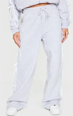 Grey Marl Velvet Bow Wide Leg Sweatpants