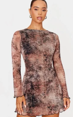 Grey Mesh Long Sleeve Tie Back Shift Dress