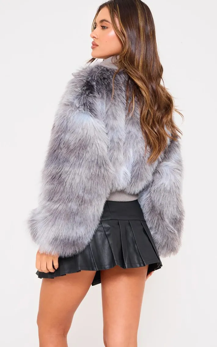 Grey Ombre Shaggy Faux Fur Zip Up Jacket