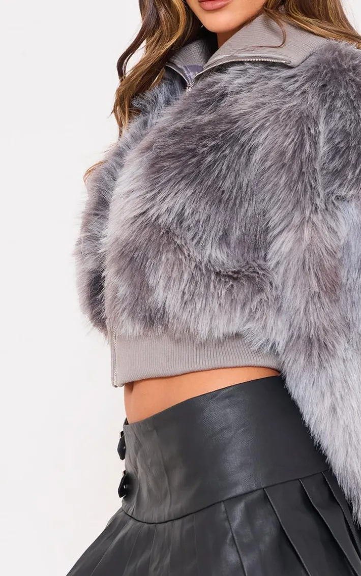 Grey Ombre Shaggy Faux Fur Zip Up Jacket