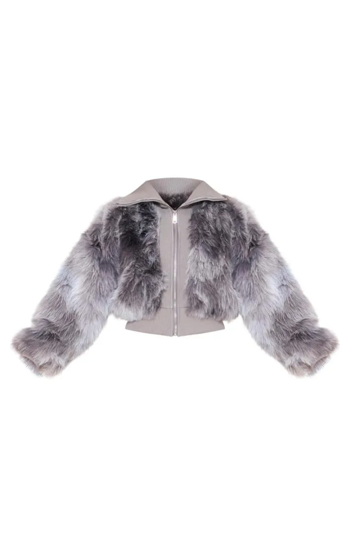 Grey Ombre Shaggy Faux Fur Zip Up Jacket